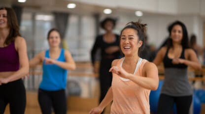 women dancing in a fitness class.